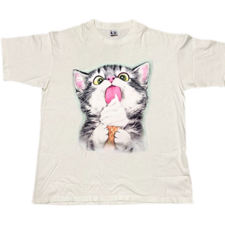 Cute Cat Ice Cream Print T-Shirt in White