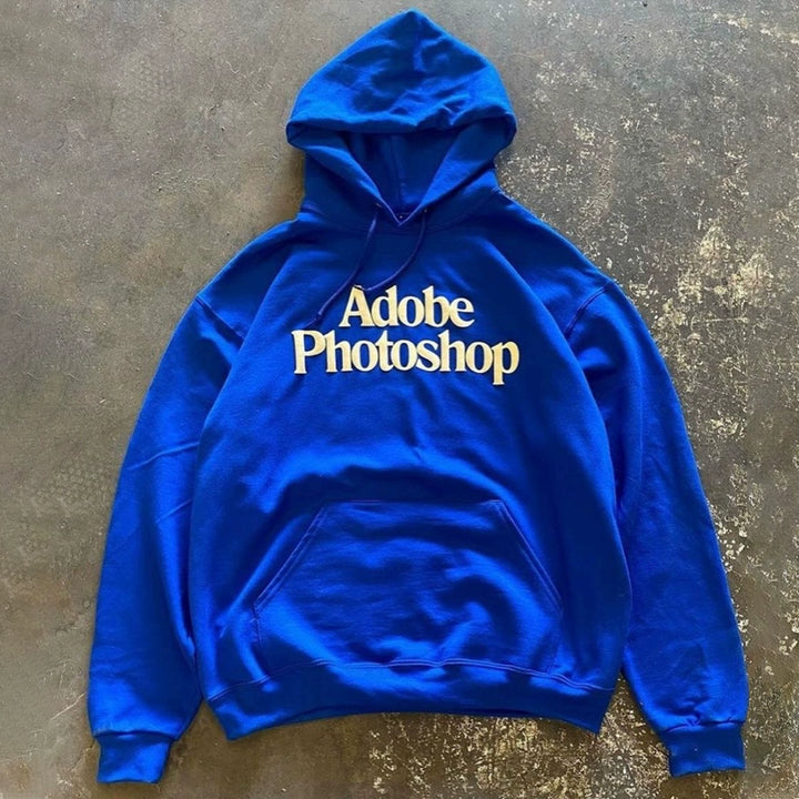 Vintage Blue Hooded Sweatshirt with Bold American Lettering