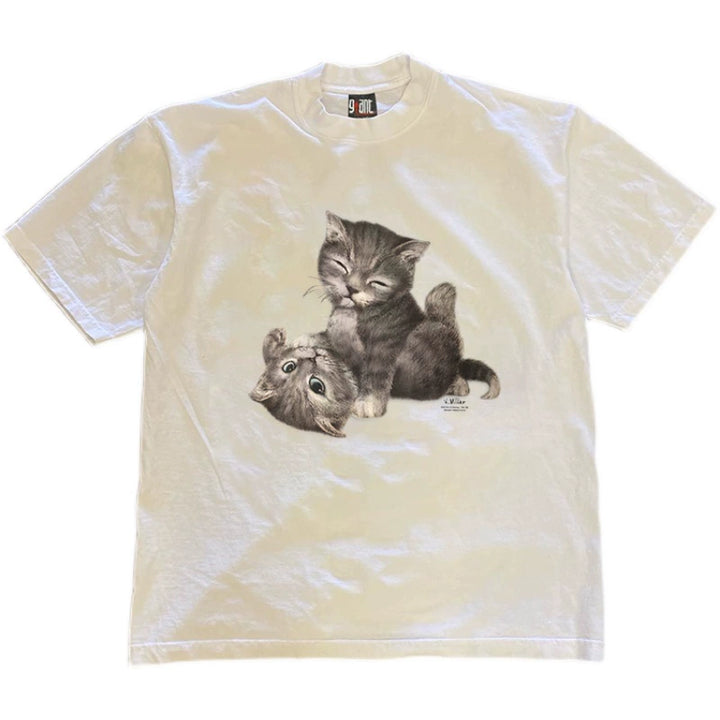 Niche Design Heavy-Duty Cat Print Hong Kong Style Short-Sleeved T-Shirt