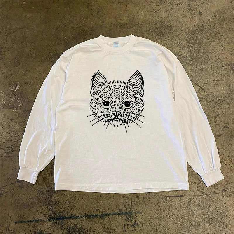 Hand-Painted Cat Design Long Sleeve Tee