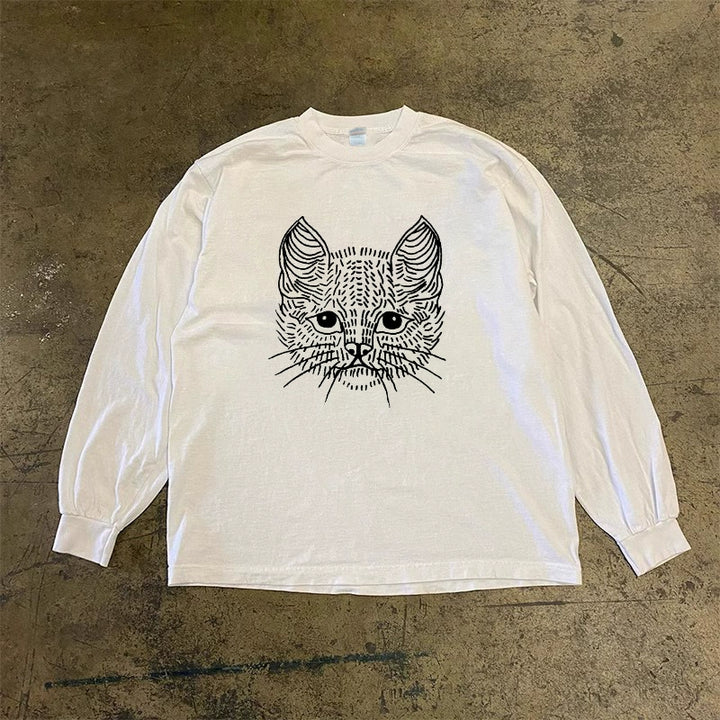 Hand-Painted Cat Design Long Sleeve Tee