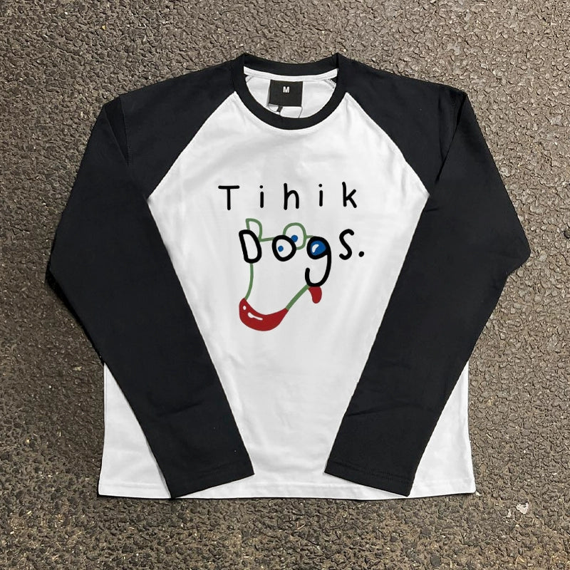 Cartoon Dog Print Colour-Block Long Sleeve T-Shirt