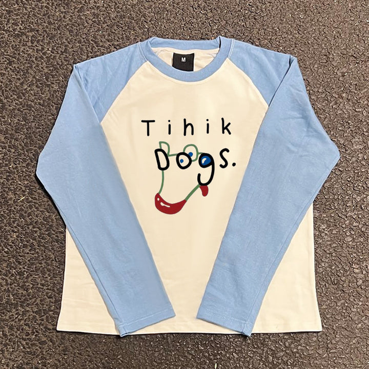 Cartoon Dog Print Colour-Block Long Sleeve T-Shirt