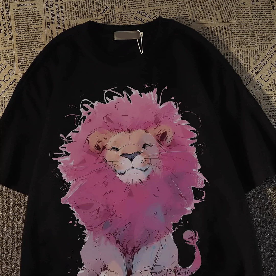 Retro Pink Lion Graphic Cotton T-Shirt