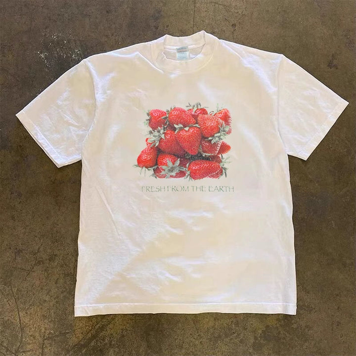 Realistic Strawberry Print Short Sleeve T-Shirt