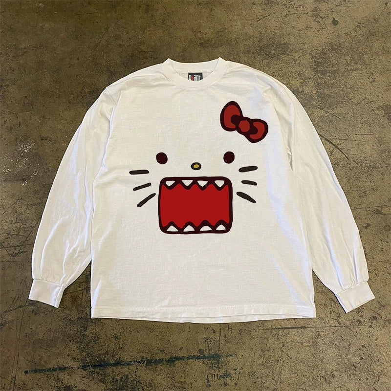 Hong Kong Style Open Mouth Cat Long-Sleeved T-Shirt