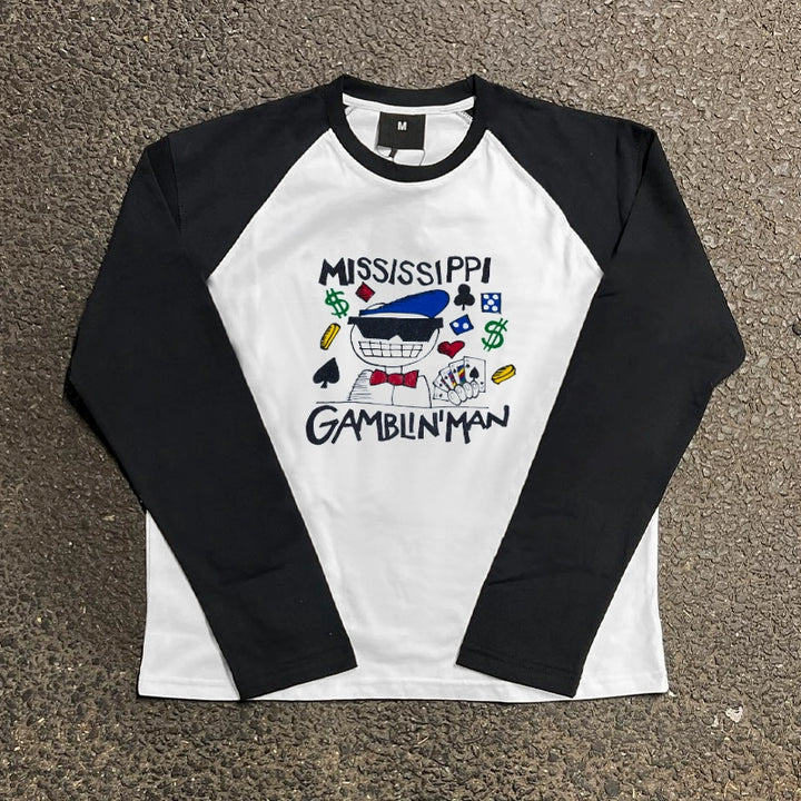 Playful Cartoon Print Colour-Block Long Sleeve T-Shirt