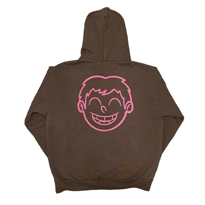 Cartoon Print Urban Style Hooded Sweatshirt in Coffee Brown