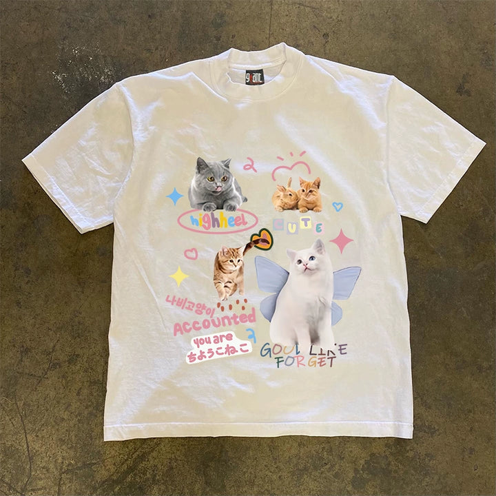 Cute Cat Design Heavyweight T-Shirt in Hong Kong Style