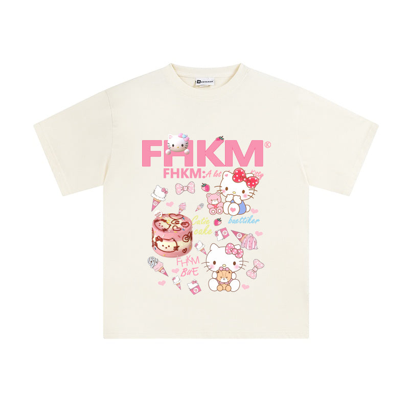 Cute Cotton Printed Short Sleeve T-Shirt Featuring Sweet KT Cat Design