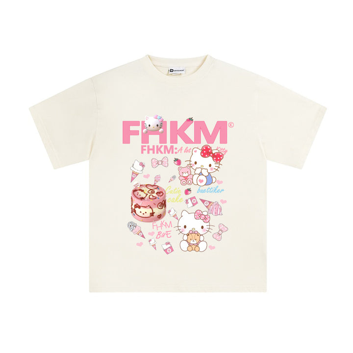 Cute Cotton Printed Short Sleeve T-Shirt Featuring Sweet KT Cat Design