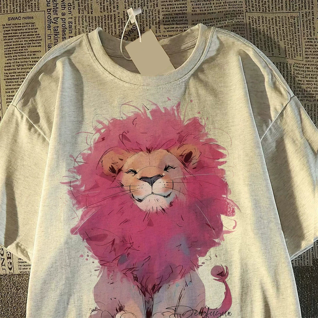 Retro Pink Lion Graphic Cotton T-Shirt