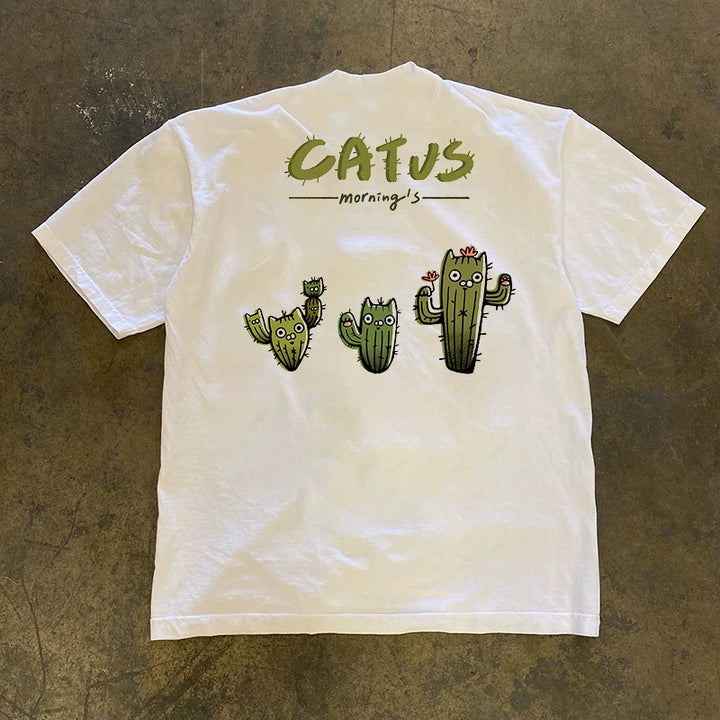 Cat Cactus Chill Print Short Sleeve T-Shirt