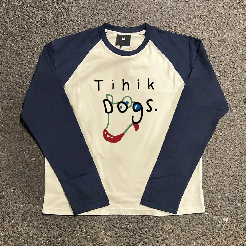 Cartoon Dog Print Colour-Block Long Sleeve T-Shirt