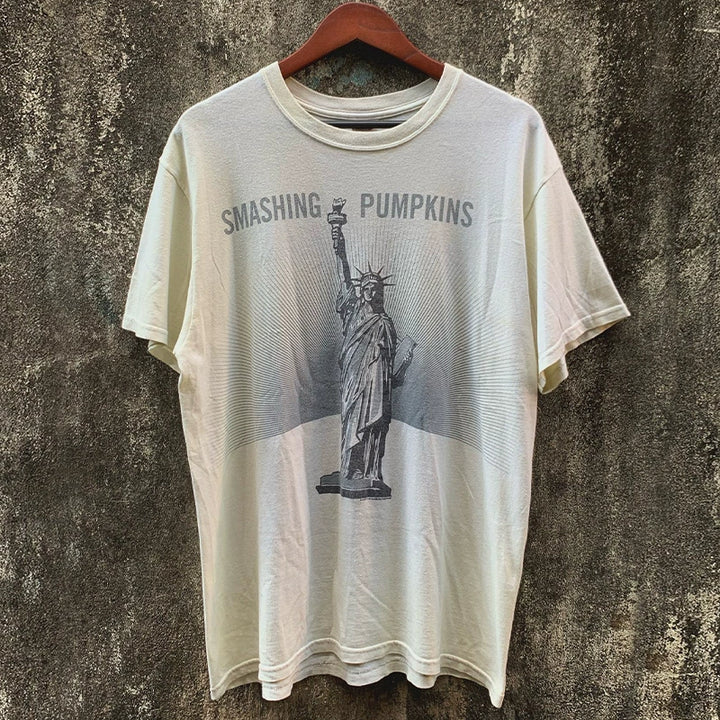 Retro Hip Hop Statue of Liberty T-Shirt with Broken Pumpkins Design