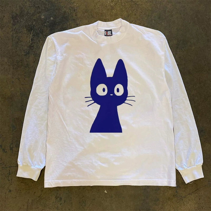 Vintage Street Style Cat Print Long Sleeve Cotton T-Shirt