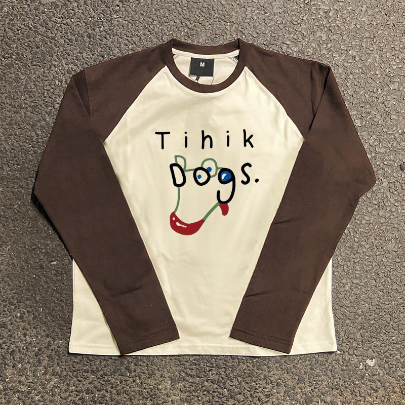 Cartoon Dog Print Colour-Block Long Sleeve T-Shirt