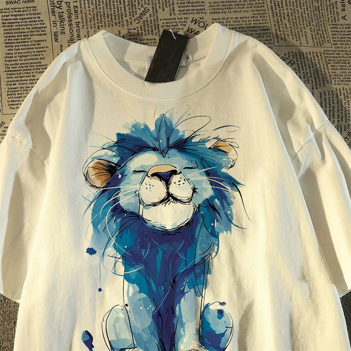 Whimsical Lion Graphic Cotton T-Shirt