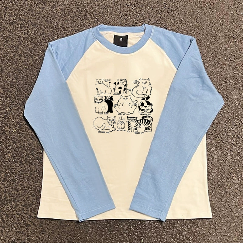 Charming Vintage Cat Graphic College Style Long Sleeve T-Shirt