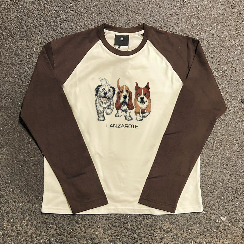 Vintage-Inspired Realistic Dog Graphic Long Sleeve Tee