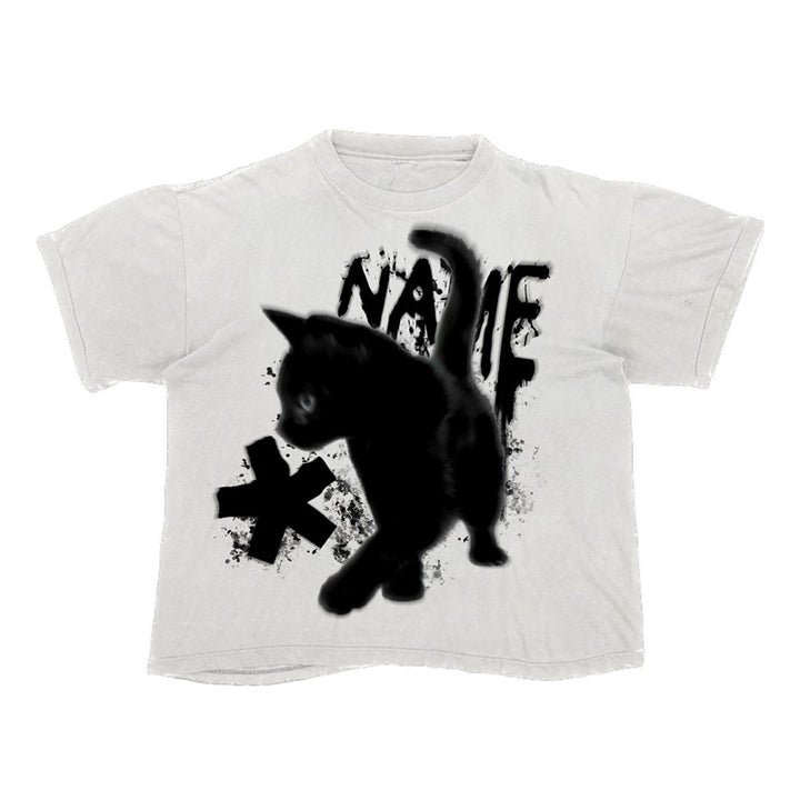 Whimsical Cat Illustration Cotton Tee