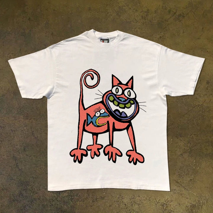 Retro American Cat and Fish Graphic T-Shirt