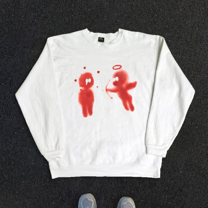 Cupid Print Minimalist Round Neck Sweatshirt