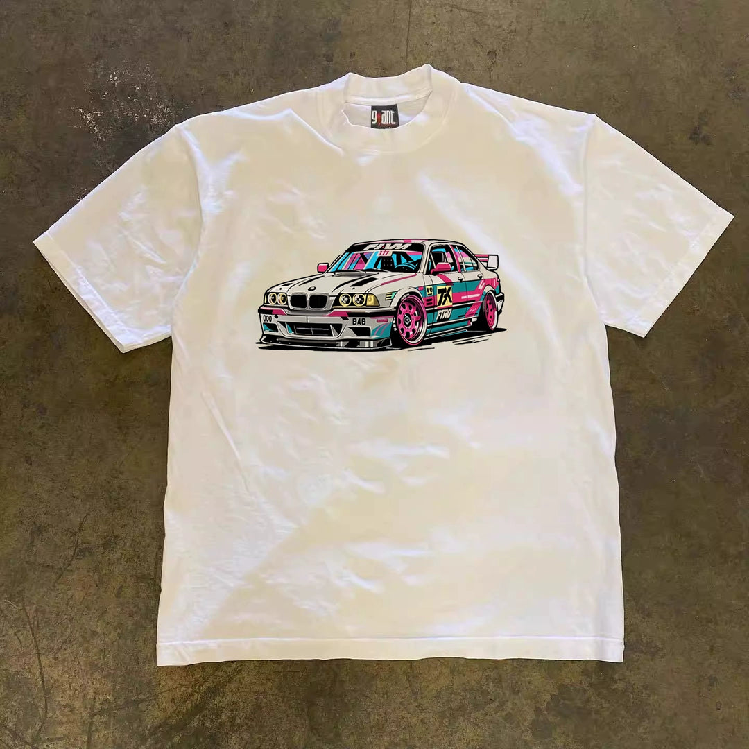 Vintage Street Style Colourful Painted Car Print T-Shirt