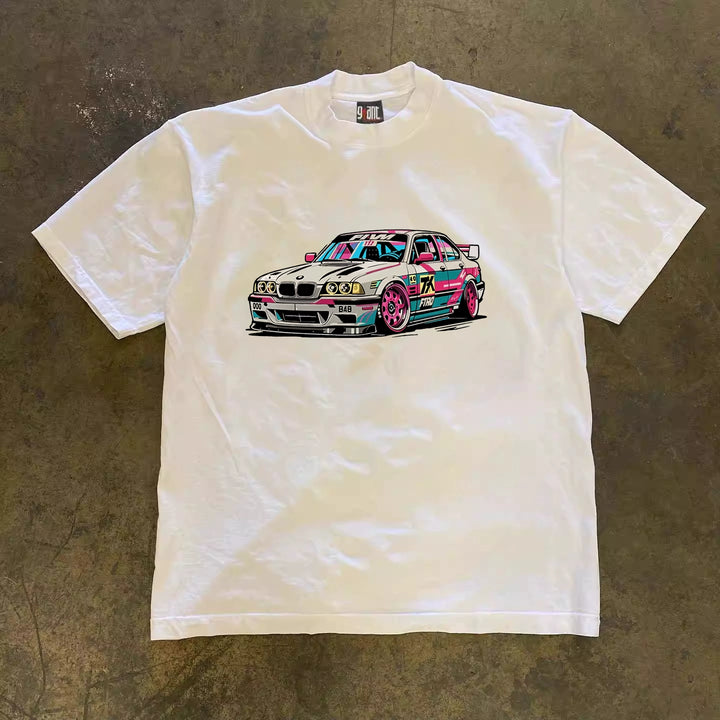Vintage Street Style Colourful Painted Car Print T-Shirt