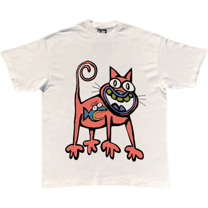 Retro American Cat and Fish Graphic T-Shirt