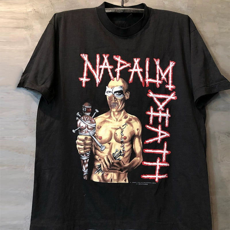 Chic Graphic T-Shirt Featuring Napalm Death and Cumcore Aesthetic