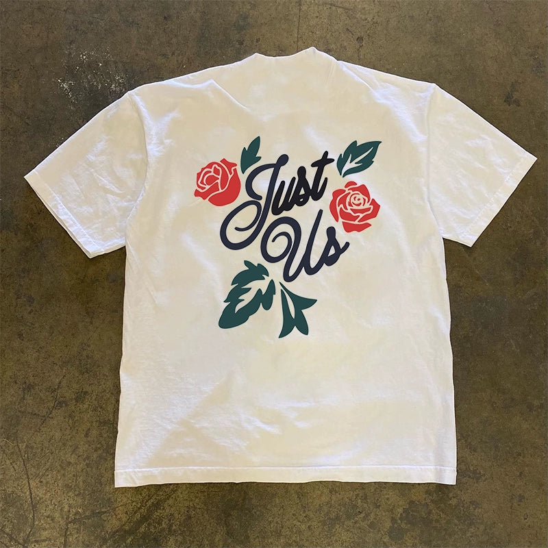 Heavy Rose Floral Graphic T-Shirt with Niche Lettering