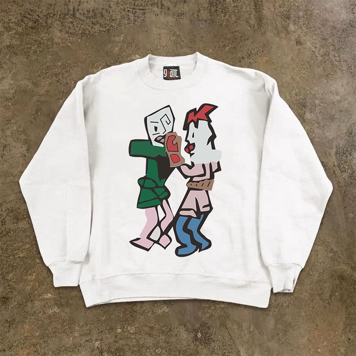 Vintage-Inspired Crewneck Sweatshirt with Unique Prints