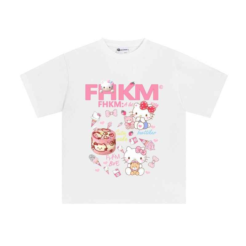 Cute Cotton Printed Short Sleeve T-Shirt Featuring Sweet KT Cat Design