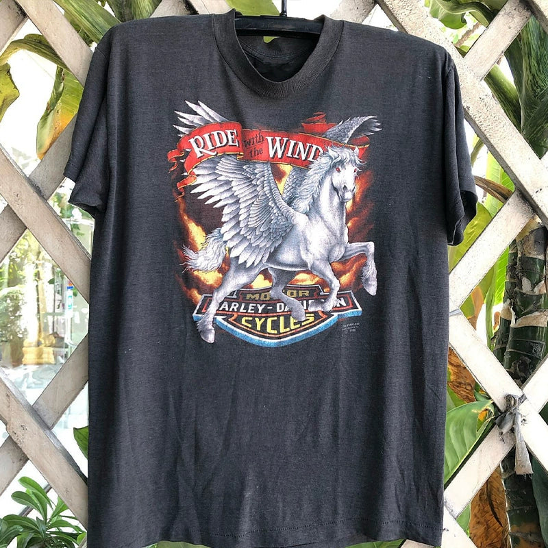 Retro Biker Style Pegasus Graphic Heavy Cotton T-Shirt